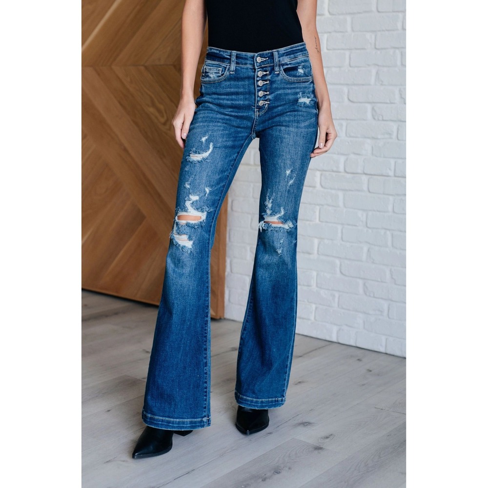 Judy Blue Trouser Flare Jeans Size 5/27 Blue Denim Distressed